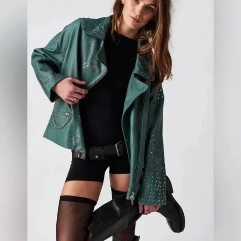 Free People x Brenda Knight Chain Embellished Biker Jacket Size Large